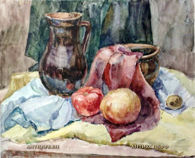 Картина натюрморт "Композиция с кувшинами, фруктами и драпировкой". Бумага, акварель. Художник: Суходолова. Вт. пол. ХХ века. СССР. №19467.4
